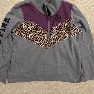 PINK Victoria's Secret Gray and Purple Leopard Quarter Zip Pullover L